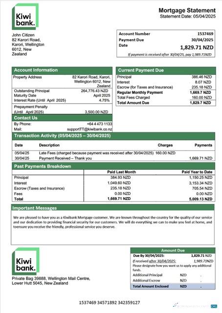 Download New Zealand Kiwibank mortgage statement Word and PDF template Photoshop template